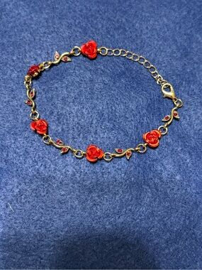 Red Rose Gold Bracelet - Women's Floral Chain Bracelet